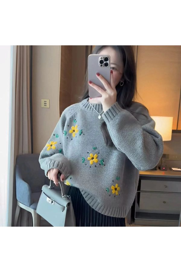 Cozy Fall Daisy Daydream Knit Sweater in Y2K Aesthetic Style