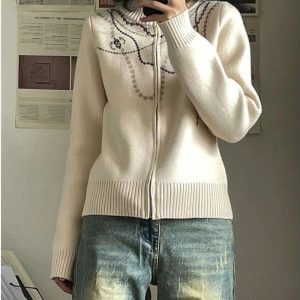 Cozy Fall Embroidered Cream Zip Cardigan for Y2K Aesthetic Lovers