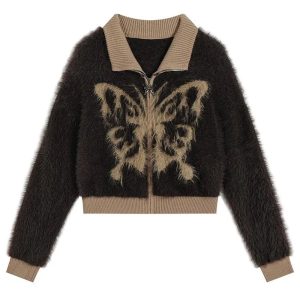 Cozy Fall Fuzzy Butterfly Zip-Up Cardigan for Y2K Aesthetic Lovers