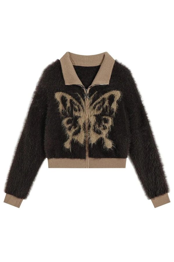 Cozy Fall Fuzzy Butterfly Zip-Up Cardigan for Y2K Aesthetic Lovers