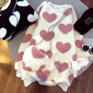 Cozy Fall Fuzzy Heartfelt Love Sweater in Y2K Aesthetic Style