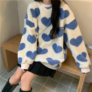 Cozy Fall Fuzzy Heartfelt Love Sweater in Y2K Aesthetic Style