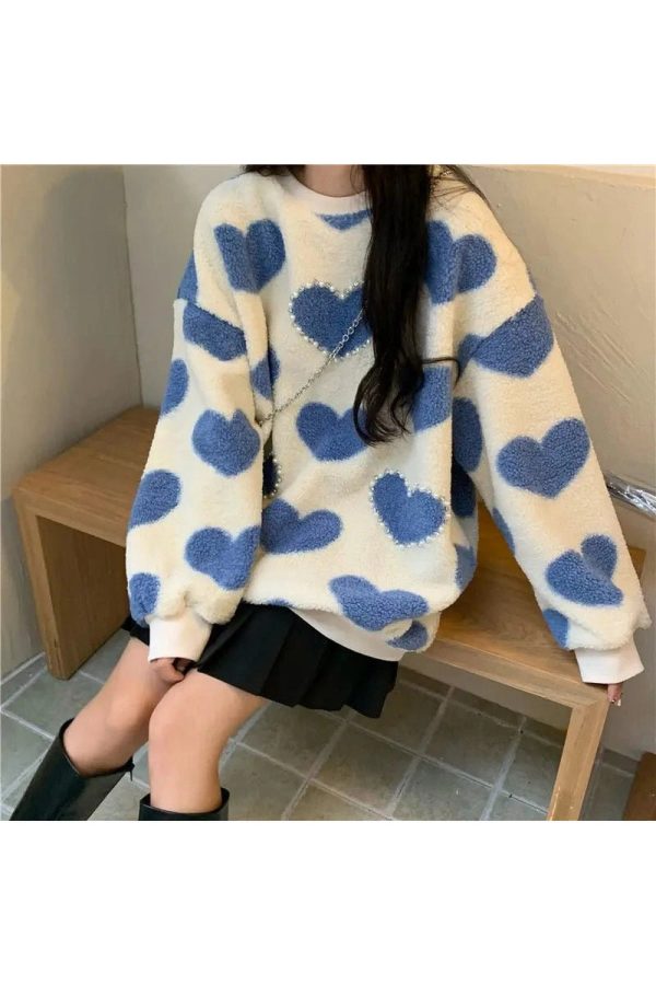 Cozy Fall Fuzzy Heartfelt Love Sweater in Y2K Aesthetic Style