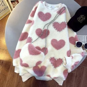 Cozy Fall Fuzzy Heartfelt Love Sweater in Y2K Aesthetic Style