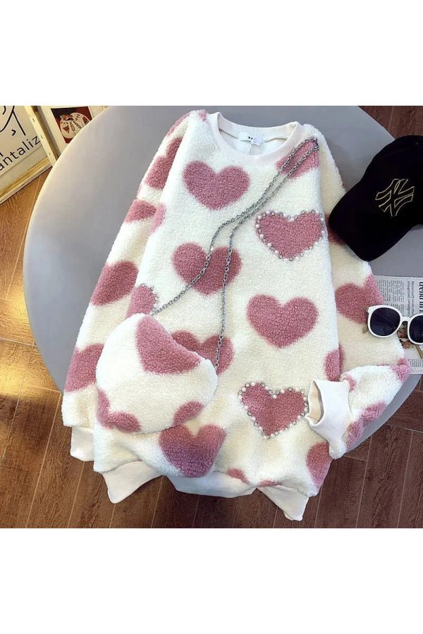 Cozy Fall Fuzzy Heartfelt Love Sweater in Y2K Aesthetic Style