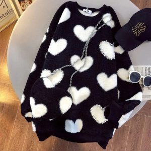 Cozy Fall Fuzzy Heartfelt Love Sweater in Y2K Aesthetic Style