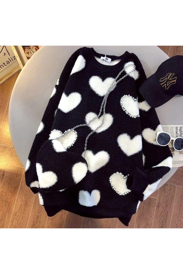 Cozy Fall Fuzzy Heartfelt Love Sweater in Y2K Aesthetic Style