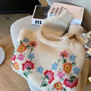 Cozy Fall Meadow Bloom Knit Sweater in Y2K Aesthetic Style