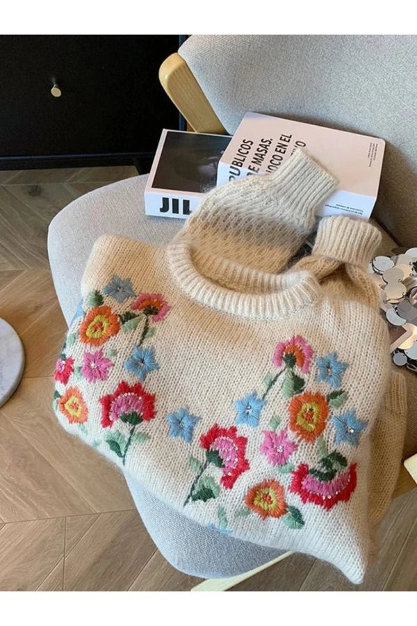 Cozy Fall Meadow Bloom Knit Sweater in Y2K Aesthetic Style