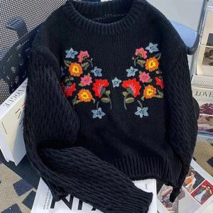 Cozy Fall Meadow Bloom Knit Sweater in Y2K Aesthetic Style