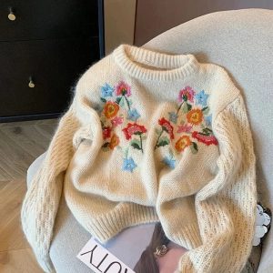 Cozy Fall Meadow Bloom Knit Sweater in Y2K Aesthetic Style