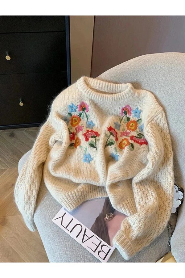 Cozy Fall Meadow Bloom Knit Sweater in Y2K Aesthetic Style