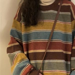 Cozy Fall Retro Striped Slouchy Sweater for Y2K Aesthetic Lovers