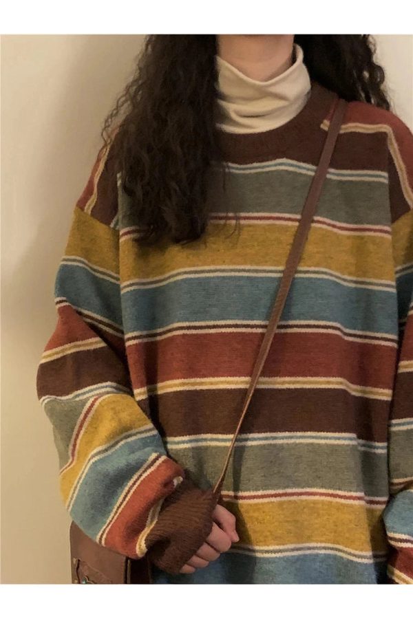 Cozy Fall Retro Striped Slouchy Sweater for Y2K Aesthetic Lovers