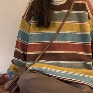 Cozy Fall Retro Striped Slouchy Sweater for Y2K Aesthetic Lovers