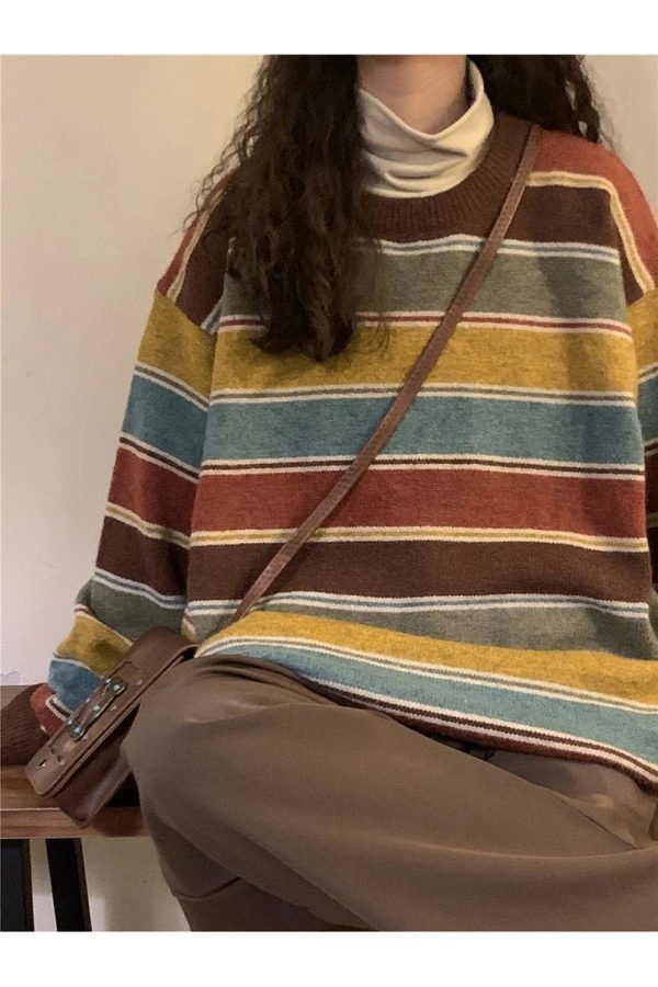 Cozy Fall Retro Striped Slouchy Sweater for Y2K Aesthetic Lovers