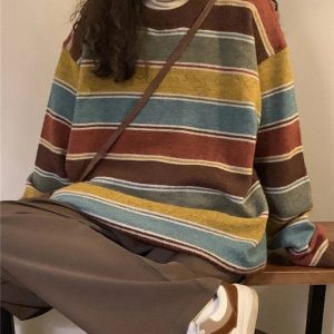 Cozy Fall Retro Striped Slouchy Sweater for Y2K Aesthetic Lovers