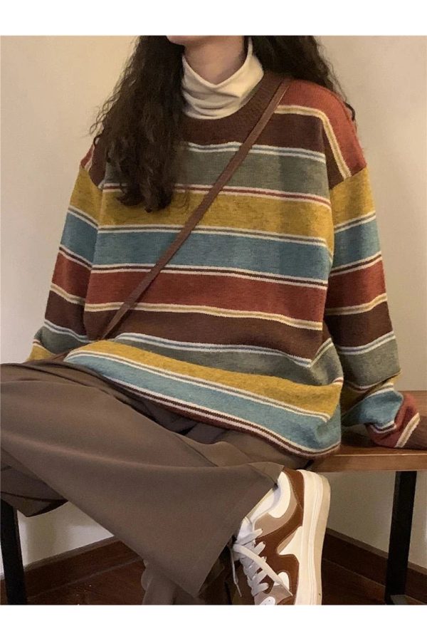 Cozy Fall Retro Striped Slouchy Sweater for Y2K Aesthetic Lovers