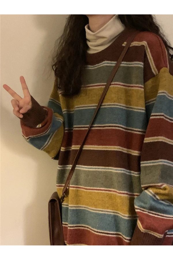 Cozy Fall Retro Striped Slouchy Sweater for Y2K Aesthetic Lovers