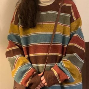 Cozy Fall Retro Striped Slouchy Sweater for Y2K Aesthetic Lovers