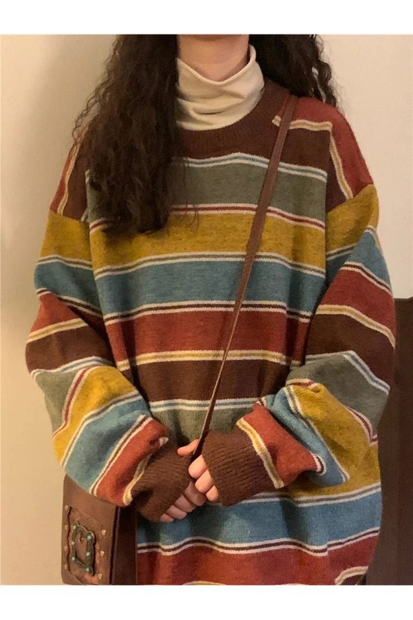 Cozy Fall Retro Striped Slouchy Sweater for Y2K Aesthetic Lovers