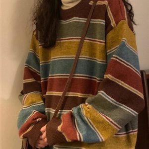 Cozy Fall Retro Striped Slouchy Sweater for Y2K Aesthetic Lovers