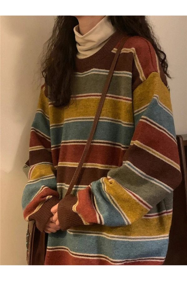 Cozy Fall Retro Striped Slouchy Sweater for Y2K Aesthetic Lovers