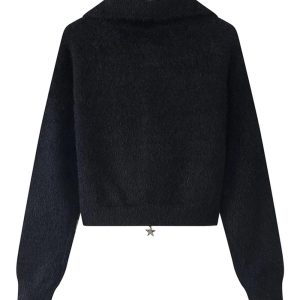 Cozy Fall Star Zip-Up Fuzzy Sweater for Y2K Aesthetic Lovers