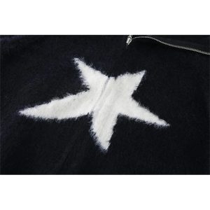 Cozy Fall Star Zip-Up Fuzzy Sweater for Y2K Aesthetic Lovers