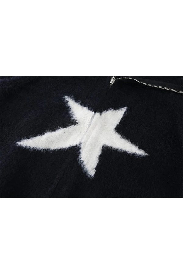 Cozy Fall Star Zip-Up Fuzzy Sweater for Y2K Aesthetic Lovers