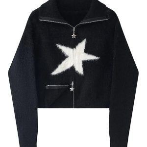 Cozy Fall Star Zip-Up Fuzzy Sweater for Y2K Aesthetic Lovers