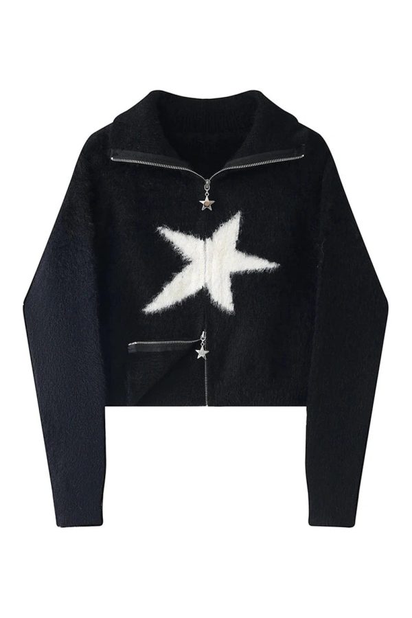 Cozy Fall Star Zip-Up Fuzzy Sweater for Y2K Aesthetic Lovers