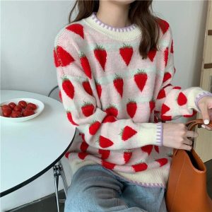 Cozy Fall Strawberry Fields Knit Sweater in Y2K Aesthetic Style