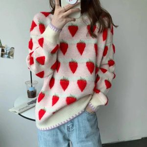 Cozy Fall Strawberry Fields Knit Sweater in Y2K Aesthetic Style