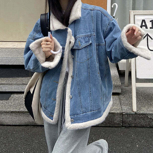 Cozy Faux Sherpa Lined Denim Jacket for Y2K and Grunge Aesthetic Styles