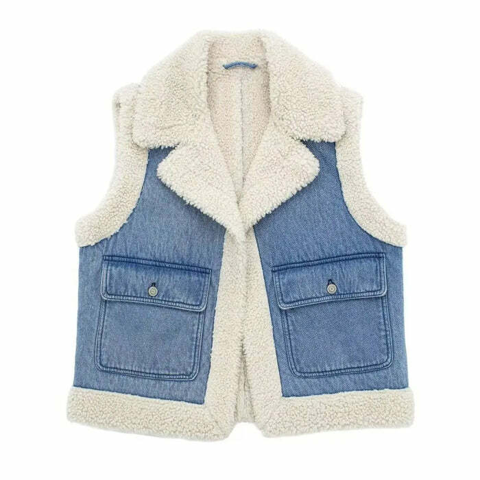 Cozy Faux Sherpa Lined Denim Vest for Y2K Aesthetic Outfits