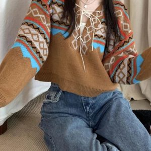 Cozy Forest Fair Isle Lace-Up Sweater for Y2K Aesthetic Lovers