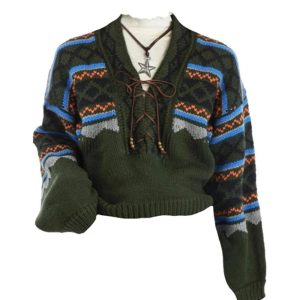 Cozy Forest Fair Isle Lace-Up Sweater for Y2K Aesthetic Lovers