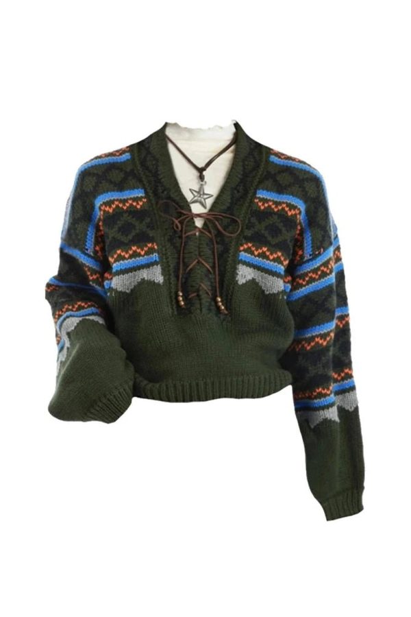 Cozy Forest Fair Isle Lace-Up Sweater for Y2K Aesthetic Lovers