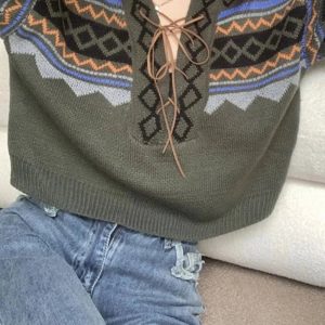 Cozy Forest Fair Isle Lace-Up Sweater for Y2K Aesthetic Lovers