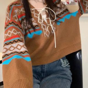 Cozy Forest Fair Isle Lace-Up Sweater for Y2K Aesthetic Lovers