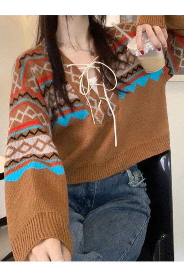 Cozy Forest Fair Isle Lace-Up Sweater for Y2K Aesthetic Lovers