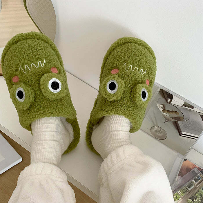 Cozy Frog Fuzzy Slippers for Y2K Aesthetic and Cute Outfits