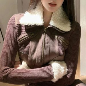 Cozy Furry Aviator Bomber Jacket for Y2K Aesthetic and Grunge Style