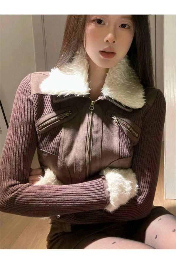 Cozy Furry Aviator Bomber Jacket for Y2K Aesthetic and Grunge Style