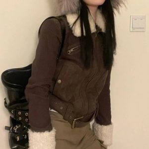 Cozy Furry Aviator Bomber Jacket for Y2K Aesthetic and Grunge Style