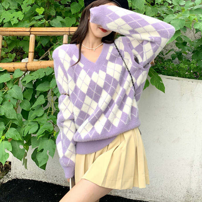 Cozy Fuzzy Argyle Sweater for Y2K Aesthetic and Preppy Style Lovers