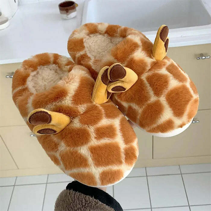 Cozy Giraffe Plush Slippers for Y2K Aesthetic and Cute Outfits