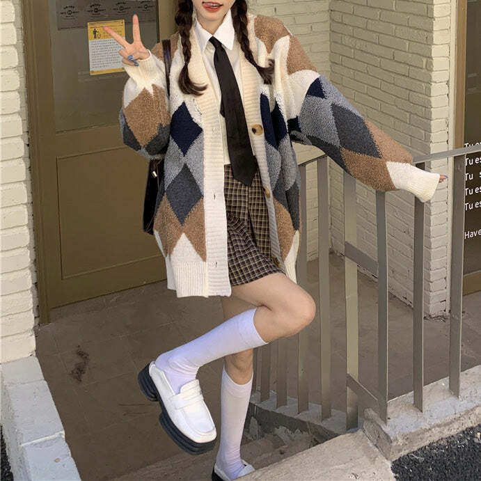 Cozy Grandma Aesthetic Argyle Cardigan for Y2K and Grunge Styles