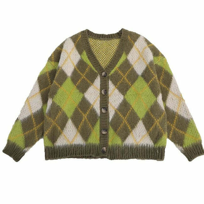 Cozy Green Argyle Cardigan Sweater for Y2K and Preppy Aesthetic Lovers